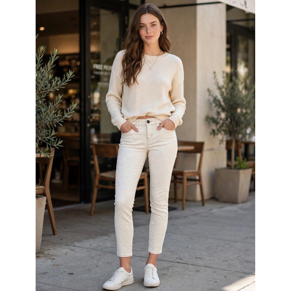Free People Ivory Floral Jacquard Skinny Pants Textured Low Rise Size 26
